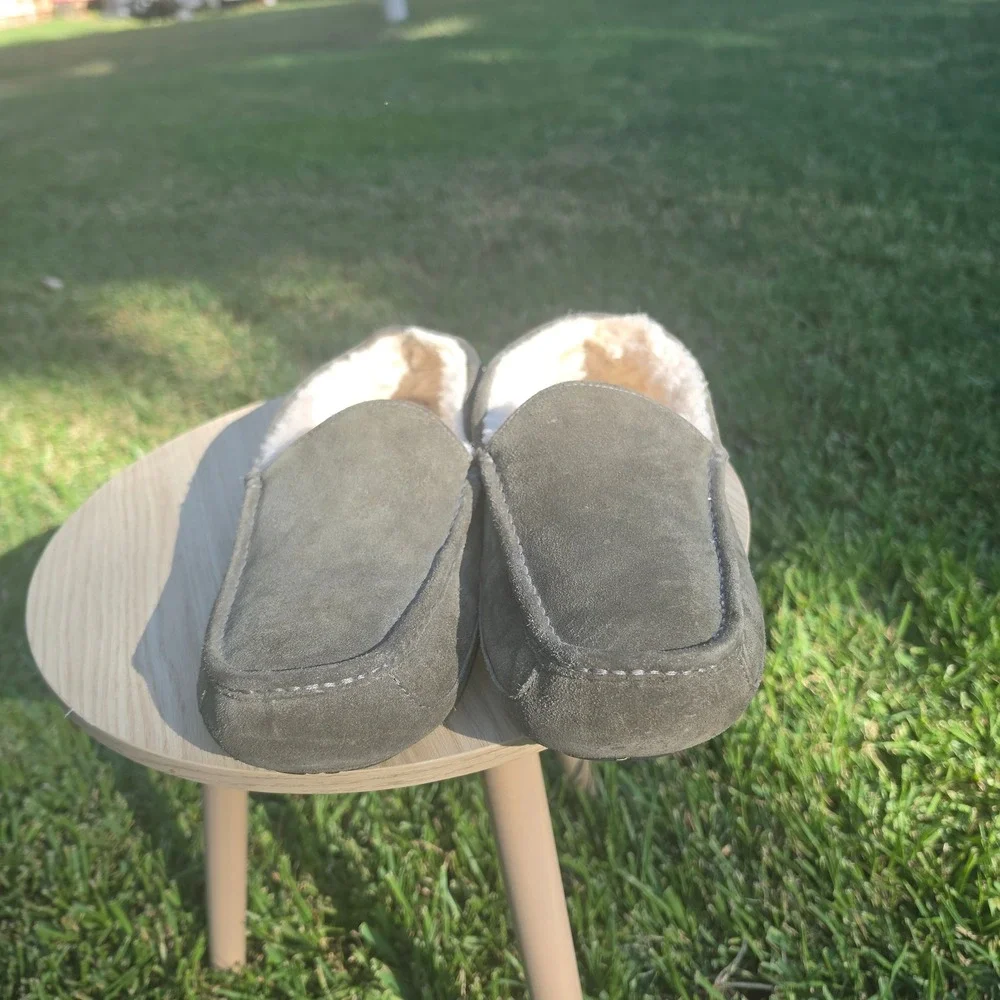 UGG Ascot Mens Suede Slippers Olive Green Sheepskin Lined Loafers Shoes